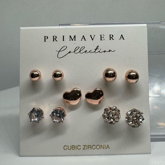Primavera Collection 5 Pairs Rose Gold Tone Various Cubic Zirconia Post Earrings - Picture 3 of 8